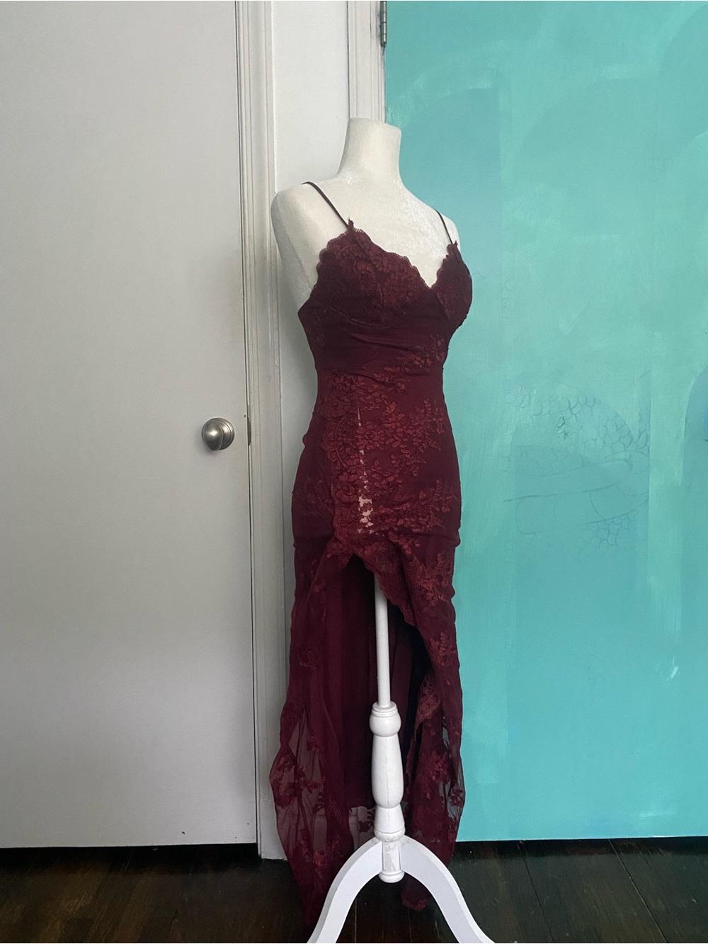 Elegant Burgundy Lace High-Low Slip Dress